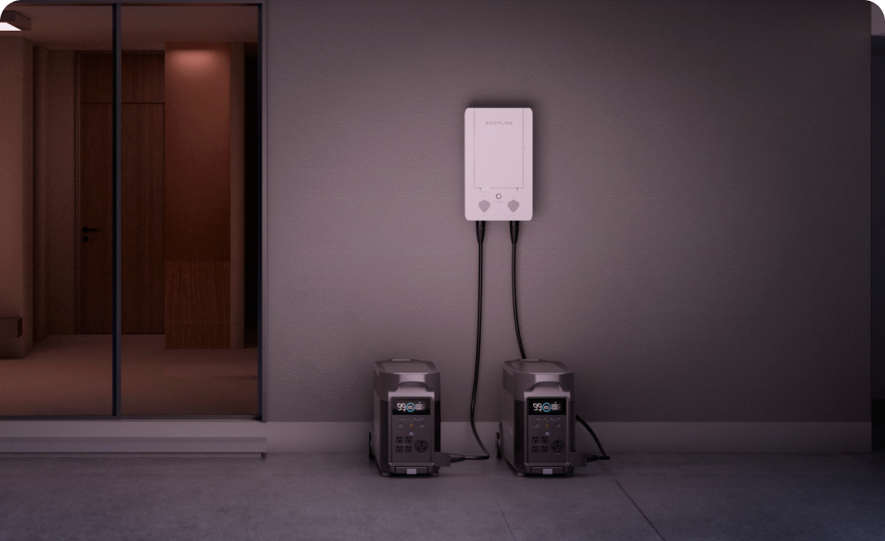 2 DELTA Pro units connect to a wall-mounted Smart Home Panel via cables.