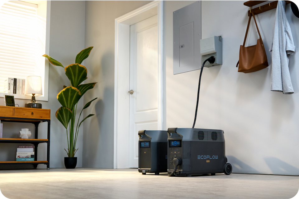 EcoFlow DELTA Pro and Smart Extra Battery are plugged into a home's transfer switch.