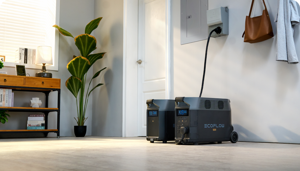 EcoFlow DELTA Pro and Smart Extra Battery are plugged into a home's transfer switch.